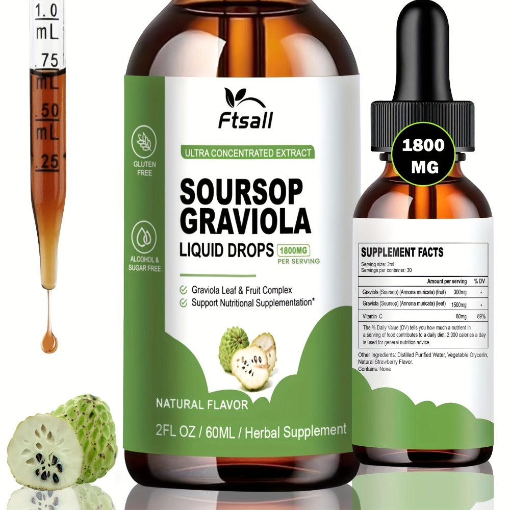 Herbal Supplement with Ftsall Label, Soursop Graviola Liquid Drops 1800mg per Serving, 2 fl oz, One to Three Packs