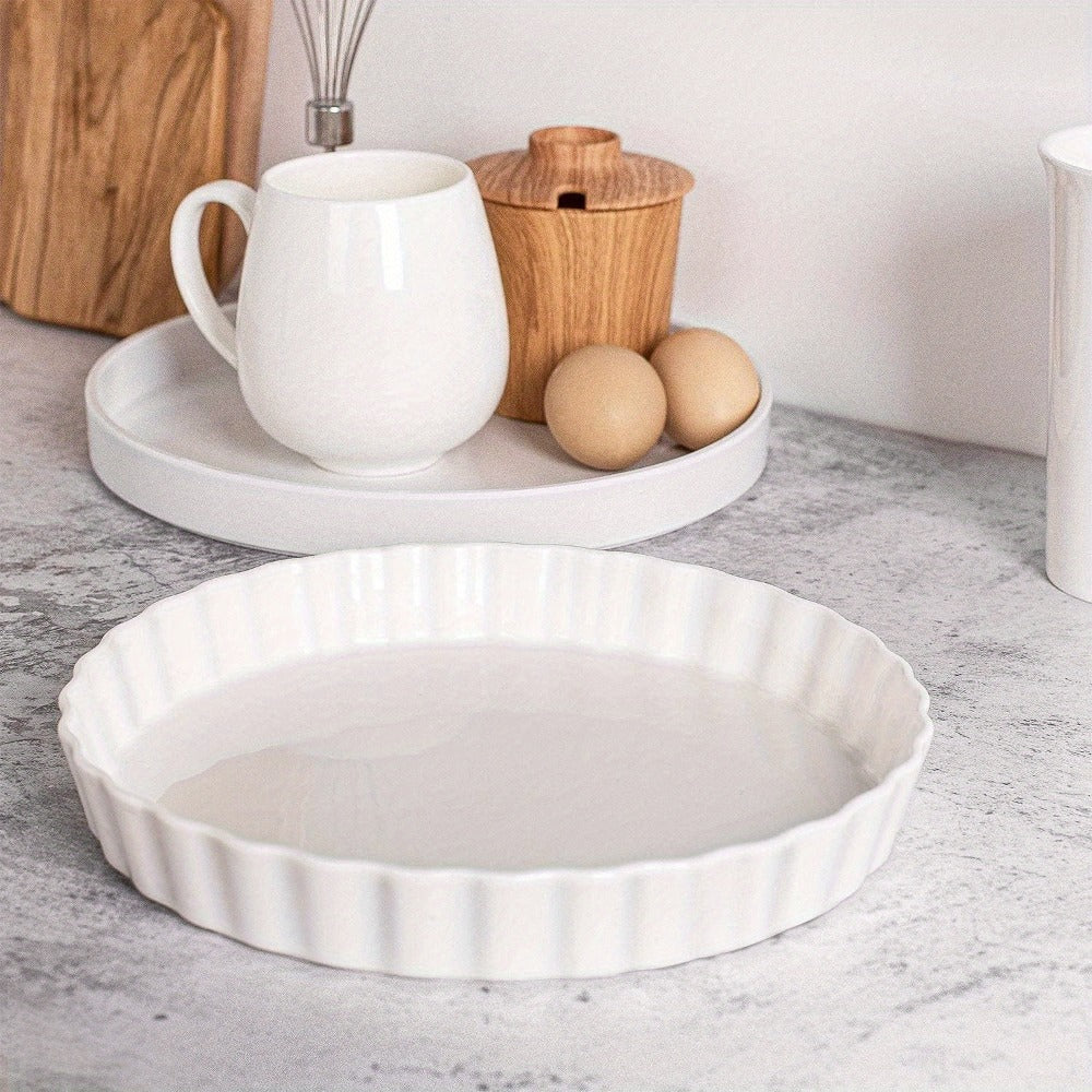Two-Piece 9.5 Inch Ceramic Quiche Pan Set with Fluted Edges in Blue, White or Red for Pies and Tarts