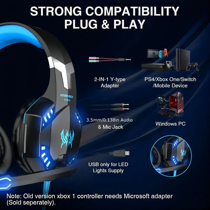 Gaming Headset with Mic LED Light Over Ear Wired Headphones for PC PS5 Xbox Nintendo for Bedside Audio, Alarms and Room Entertainment