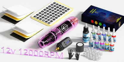 Tattoo Machine Kit Complete Set for Beginners & Artists - Cordless Tattoo Gun 1500mAh Battery 20 Needles 11 Inks LCD Screen Practice Skin Supplies