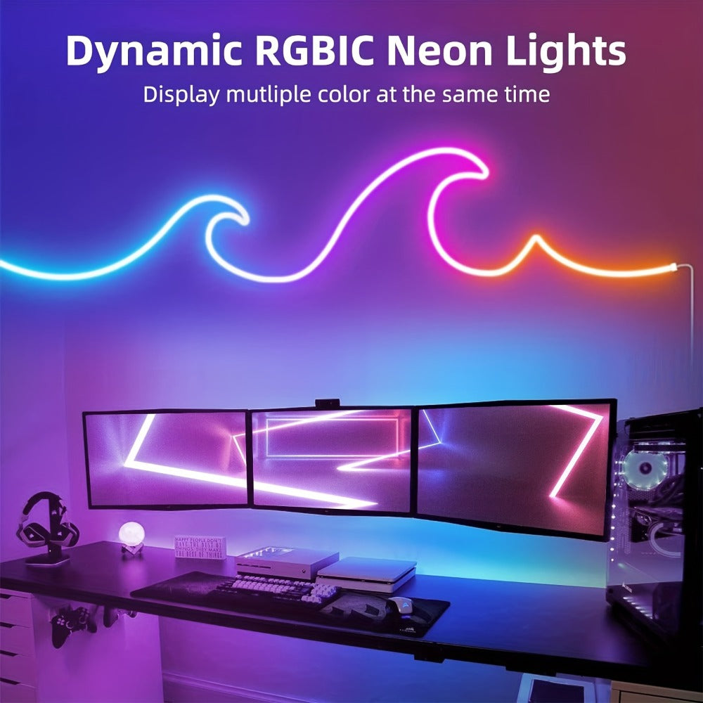 RGBIC LED Strip Lights Music Sync App & Remote Control - IP65 Waterproof Cuttable Flexible Neon Rope Light Color Chasing for Bedroom Gaming Room TV Backlight Outdoor Courtyard Christmas Halloween Decoration 2m 3m 5m