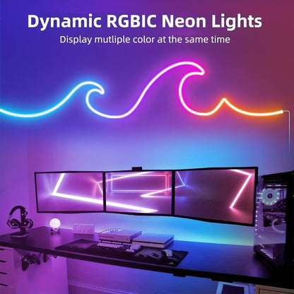 RGBIC LED Strip Lights Music Sync App & Remote Control - IP65 Waterproof Cuttable Flexible Neon Rope Light Color Chasing for Bedroom Gaming Room TV Backlight Outdoor Courtyard Christmas Halloween Decoration 2m 3m 5m