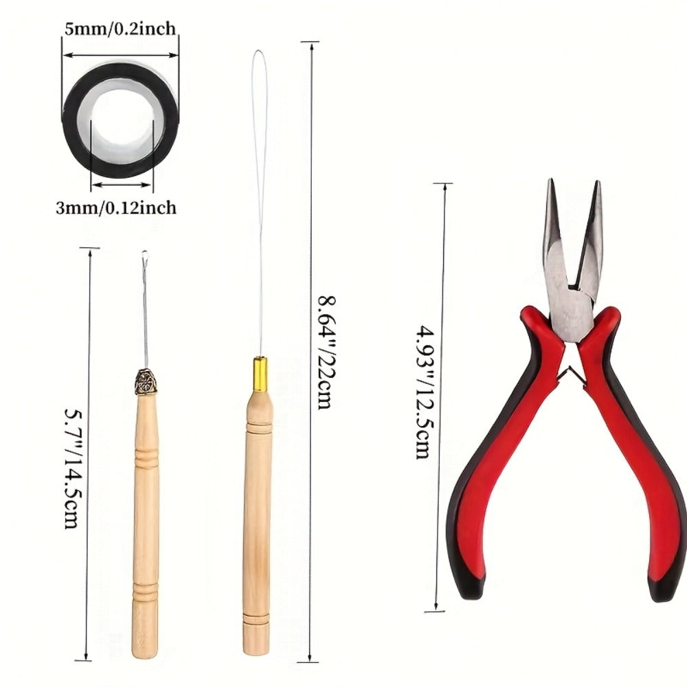 Micro Ring Hair Extension Tool Kit with 1,500 Rings, Pliers, Hooks, Needles, Threader, Bands and Clips