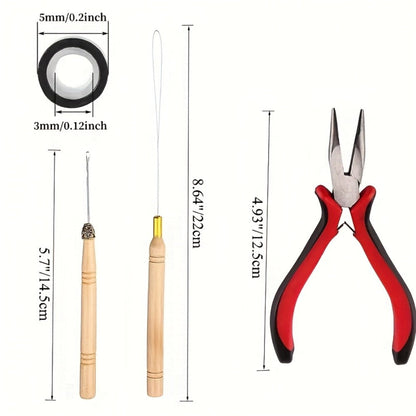 Micro Ring Hair Extension Tool Kit with 1,500 Rings, Pliers, Hooks, Needles, Threader, Bands and Clips