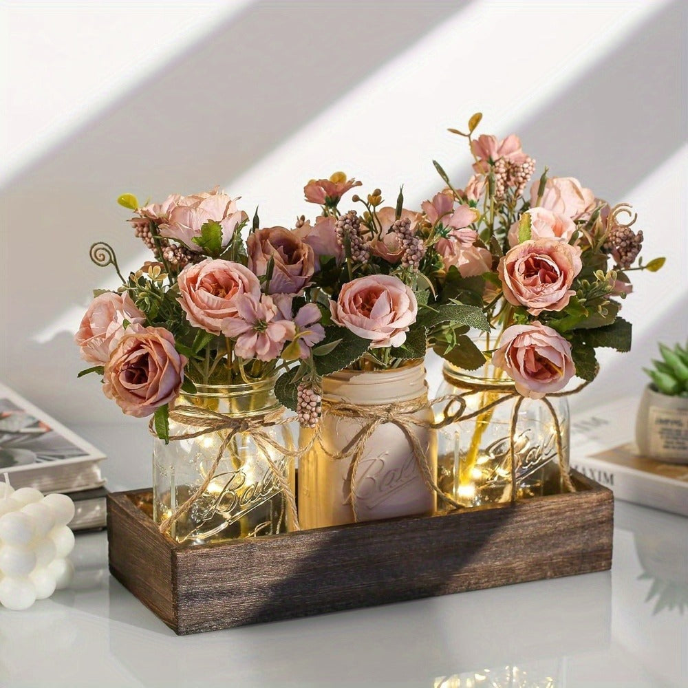 Mason Jar Centerpiece Table Decorations with Wood Tray & LED Lights – 3-Piece Farmhouse Decor Set for Dining Room, Kitchen, Living Room & Bathroom | Holiday Home Decor Gift