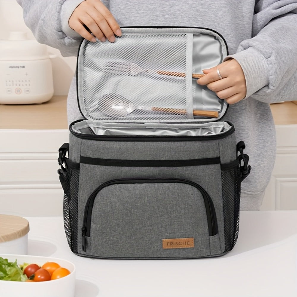 Insulated Lunch Bag with Adjustable Shoulder Strap, Dual Zippers and Black, Grey or Blue Color Options