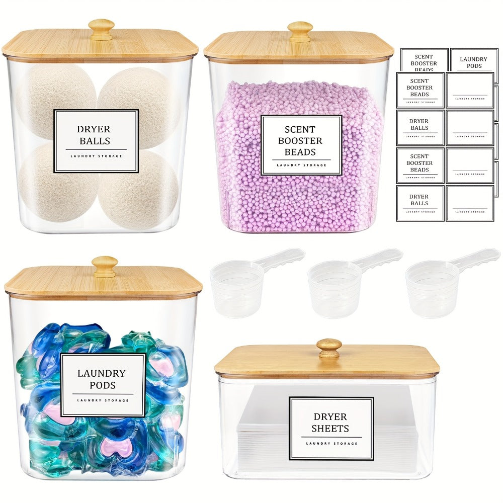 Laundry Pods Container & Dryer Sheet Holder Set with Bamboo Lids, Clear Laundry Room Organization Containers for Scent Booster, Powder, Pods – 3+1 Pack