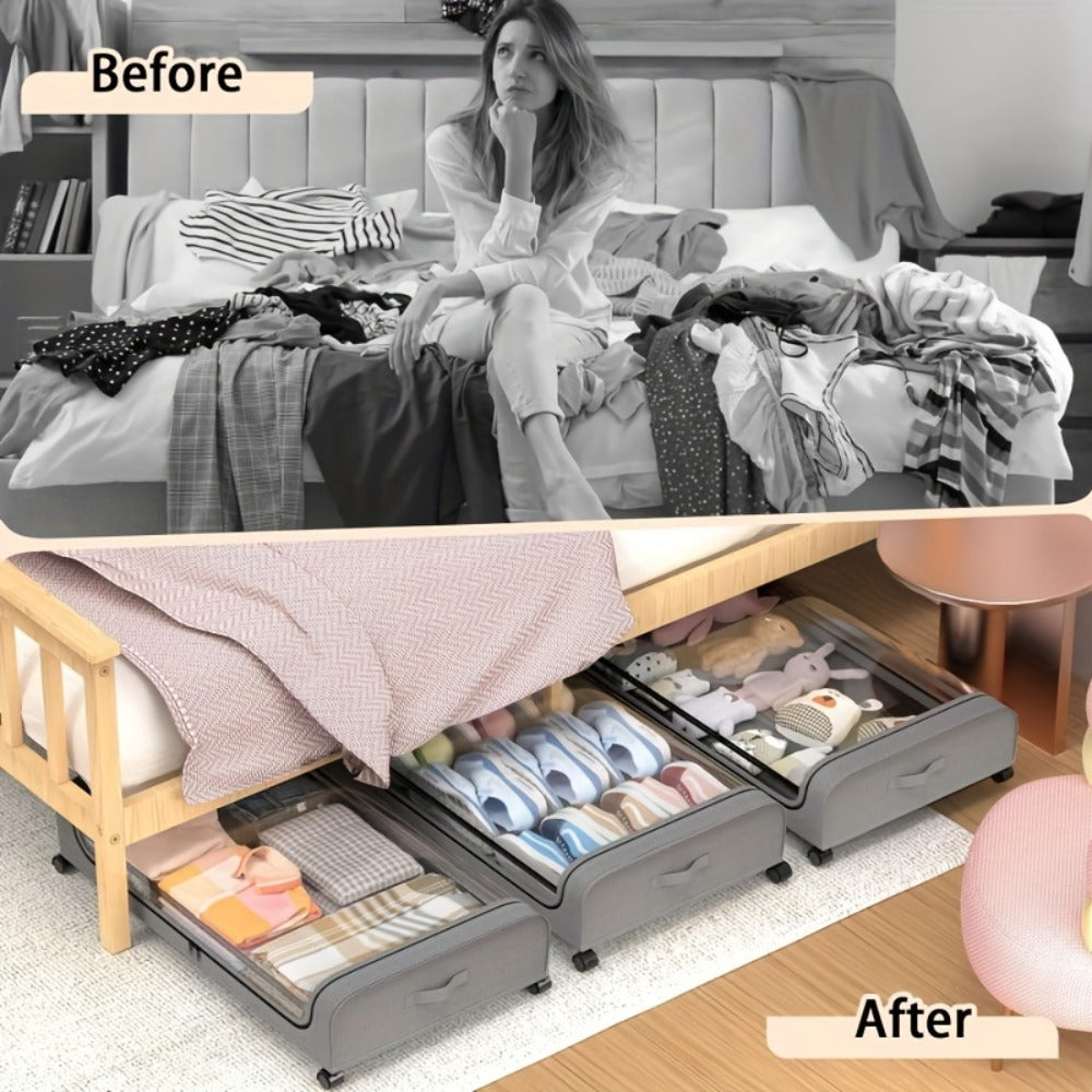 Rolling Under-Bed Storage Organizer Set with Two Lidded Bins, Locking Wheels and Black or Gray Options