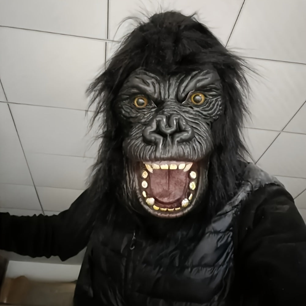 Black Gorilla Full-Head Costume Mask in Open-Eye or Eyeless Styles with Shaggy Fur and Open Mouth