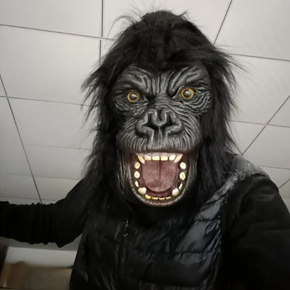 Black Gorilla Full-Head Costume Mask in Open-Eye or Eyeless Styles with Shaggy Fur and Open Mouth