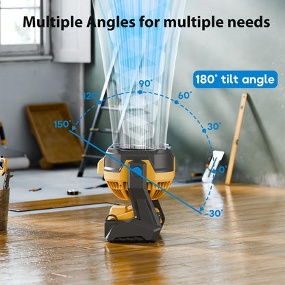 Cordless Jobsite Fan Compatible with DeWalt 20V Max Battery, LED Light Auto Oscillating 180° Tilt Adjustable Speed, Portable Battery Powered Fan with Hanging Hook for Camping, Garage and RV