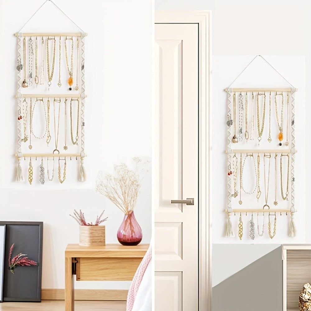 Jewelry Organizer Hand-Woven Wall Hanging Rack with Tassel Detail and 30 Hooks in 1- or 2-Piece Options