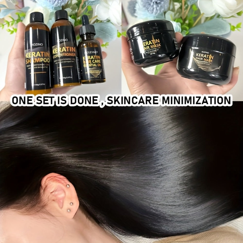 Five-Piece ROZINO Keratin Hair Care Set with Shampoo, Conditioner, Mask and Oil Container Formats