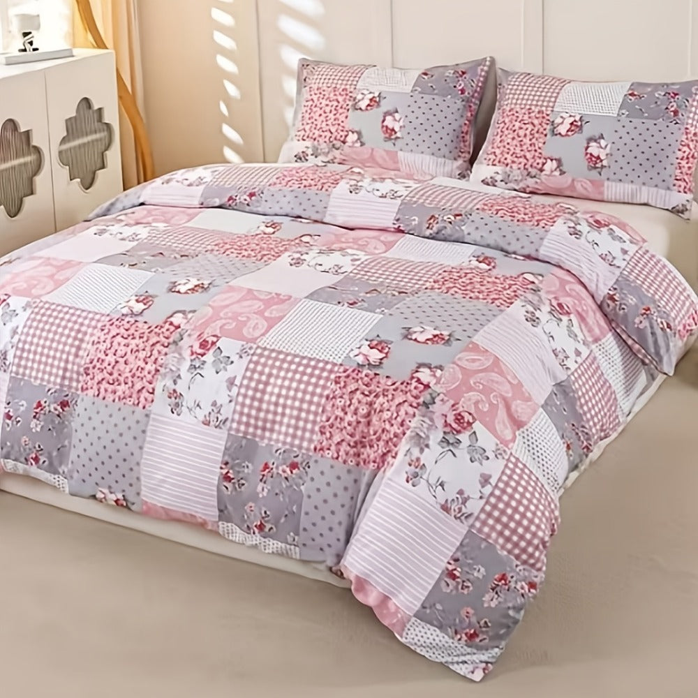 3-Piece Duvet Cover Set with Floral Patchwork Print in Blue, Green or Pink and Four Size Options