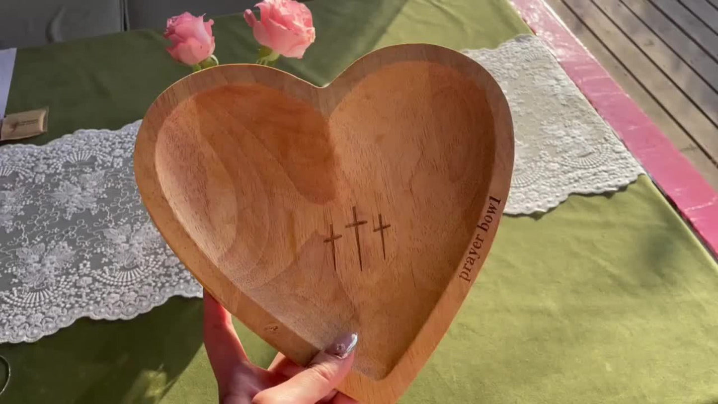 Heart-Shaped Wooden Prayer Bowl Set with Cross Engraving and Twenty-Four Printed Prayer Cards