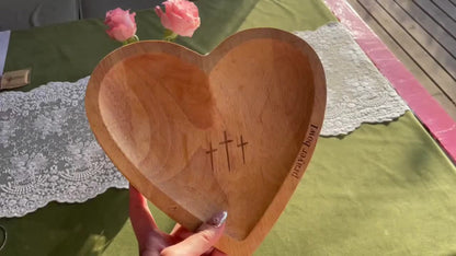 Heart-Shaped Wooden Prayer Bowl Set with Cross Engraving and Twenty-Four Printed Prayer Cards