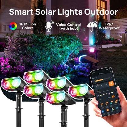 Solar Outdoor Spotlights RGB Smart Color Changing – App & Voice Control, Music Sync, 16M Colors, 14H Battery, Waterproof Landscape Accent Lights | 4 & 6 Pack