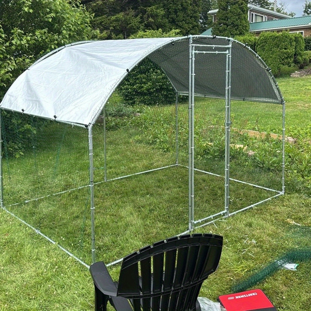 Walk-In Metal Poultry Enclosure in Six Size Options with Mesh Walls, Door and Partial Roof Cover