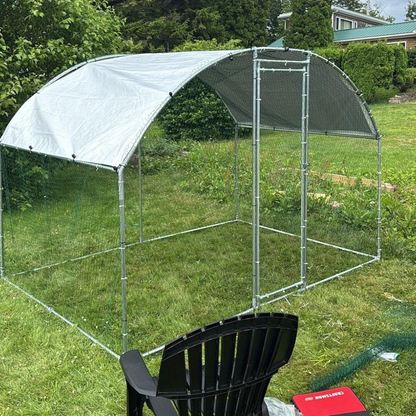 Walk-In Metal Poultry Enclosure in Six Size Options with Mesh Walls, Door and Partial Roof Cover