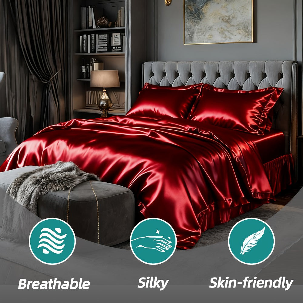 Satin-Style Fitted Sheet Set with Pillowcases in Eight Colors and Twin, Full, Queen or King Sizes