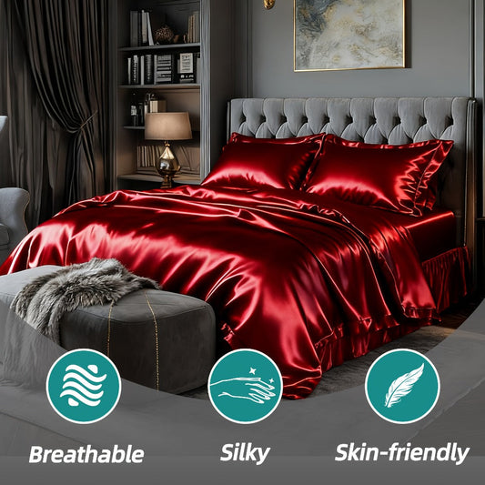 Satin Fitted Sheet Set with Pillowcases – Cooling Smooth Breathable Wrinkle-Resistant Bed Sheets, Machine Washable Ultra Soft for Hot Sleepers, Twin Full Queen King, Multiple Colors