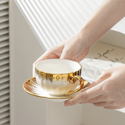 European-Style Coffee Cup and Saucer Set, Six 250 ml White and Gold-Trim Place Settings for Tea and Espresso