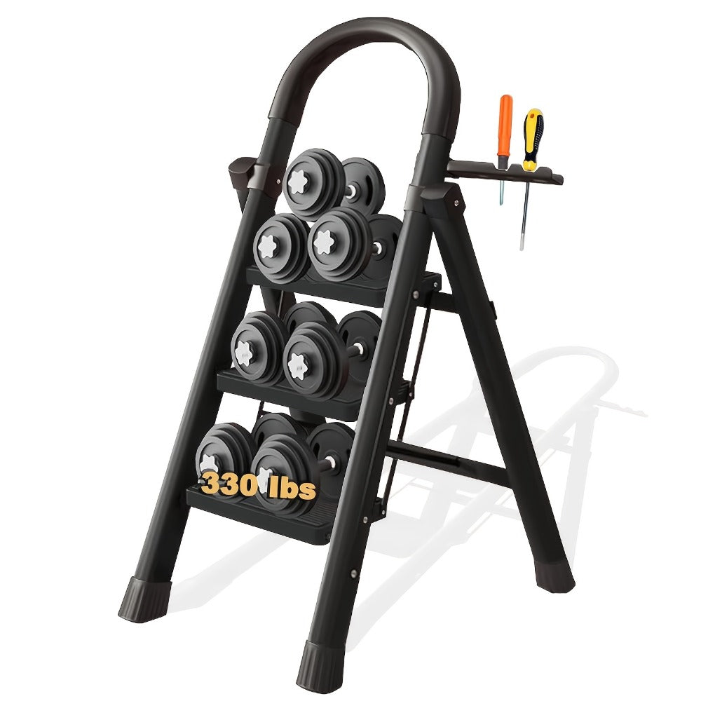 Folding Metal Step Ladder with Handrail, Ribbed Treads and Two-, Three-, Four- or Five-Step Options