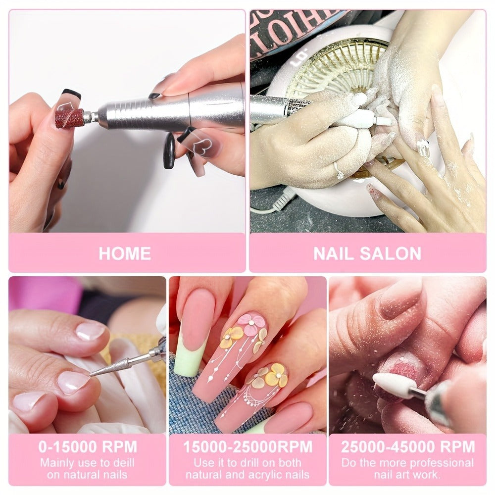 Electric Nail Drill 45000 RPM Cordless Kit with Power Display, Adjustable Speed and Three Colors