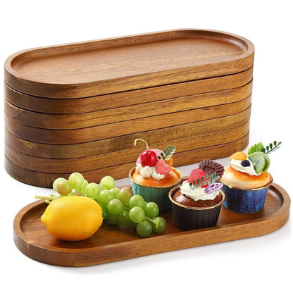Wood Serving Tray Set with Eight Oval Trays or Four Rectangular Trays and Raised Edge Design