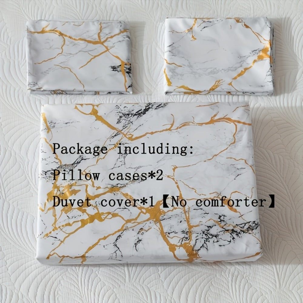 3-Piece Duvet Cover Set with Bronzed-Look Marble Vein Print in White, Khaki or Black and Four Sizes