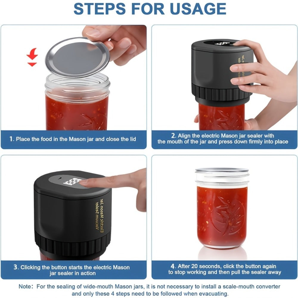 Electric Mason Jar Vacuum Sealer Kit with Regular- and Wide-Mouth Adapters, Lid Accessories and Charging Cable