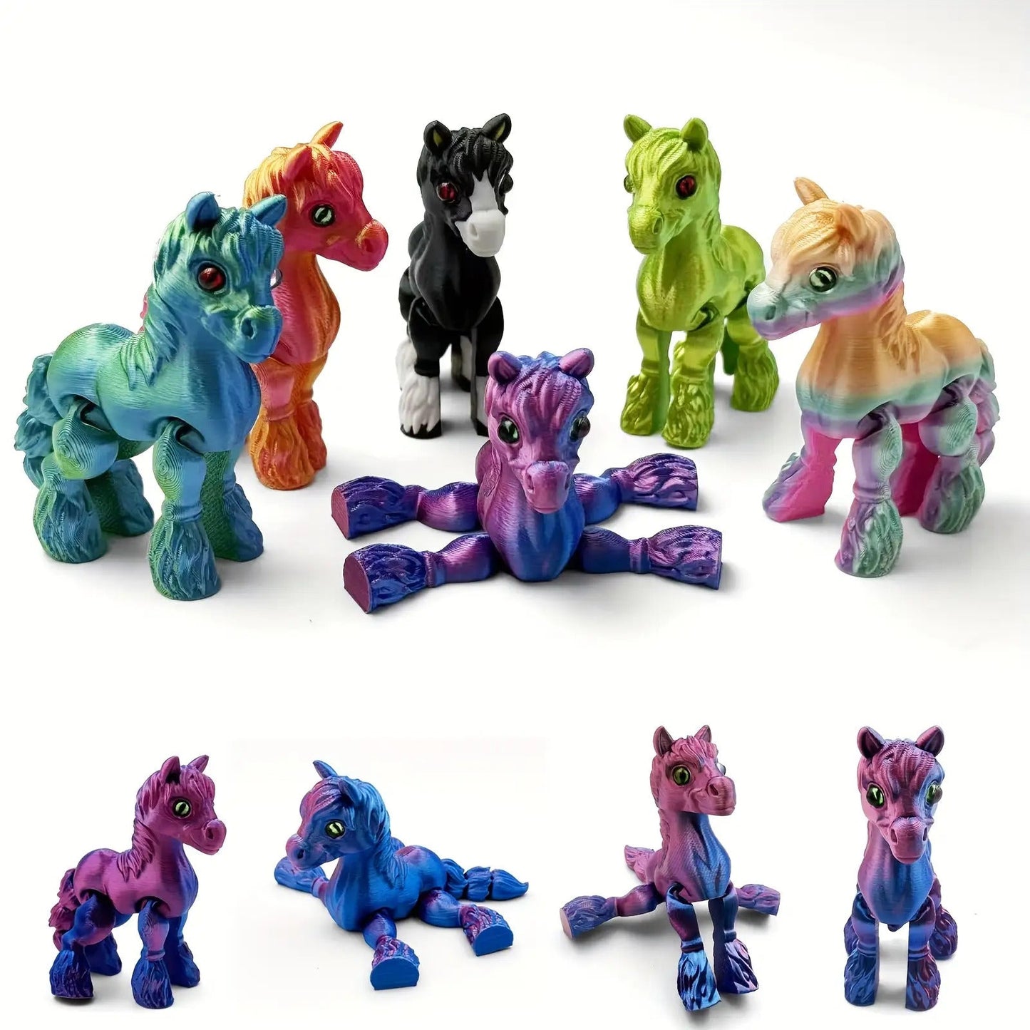 Six-Piece 3D-Printed Horse Figurine Set with Articulated Legs in Six Bright Color Designs for Desk Display