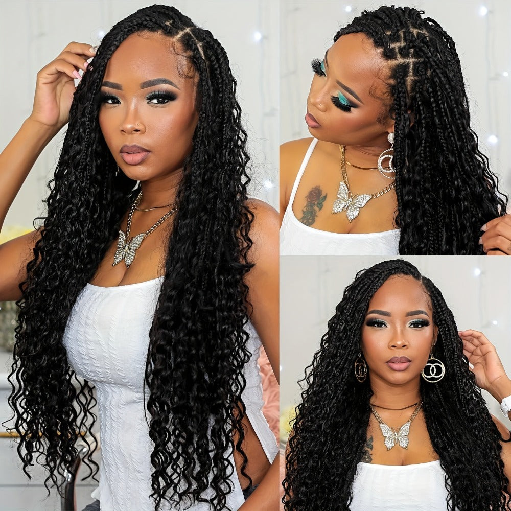 Thirty-Six-Inch Bohemian Square-Braid Wig with Curly Ends and Four Black, Blonde or Burgundy Options