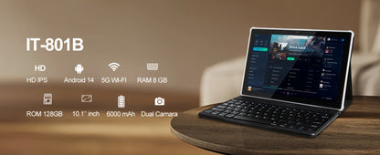 2-in-1 Tablet 10.1 Inch Android 14 12GB RAM 128GB ROM Octa-Core 5G WiFi 6 GMS Certified IPS 1280x800 Display with Keyboard Mouse Case Stylus USB OTG Dual Camera Portable Tablet PC Silver