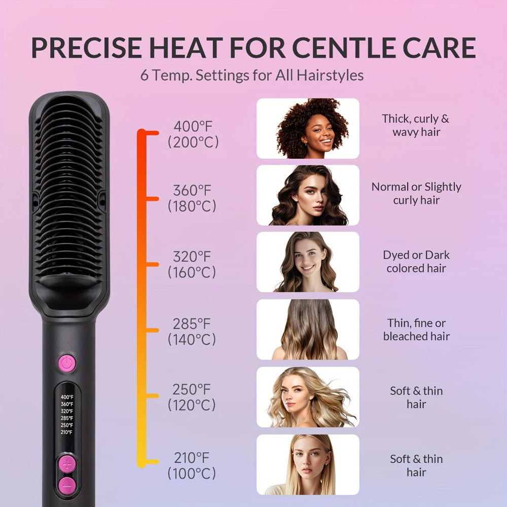 Ionic Hair Straightener Brush Anti-Scald – Precise Temperature Control Auto Shut-Off Straightening Comb Flat Iron for Women All Hair Types – Rose Gold, Black, Gift for Her