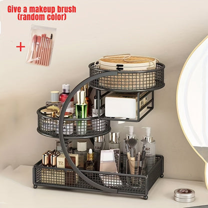 Metal Cosmetic Storage Rack with Makeup Brushes and Black or White Tissue Holder Configurations