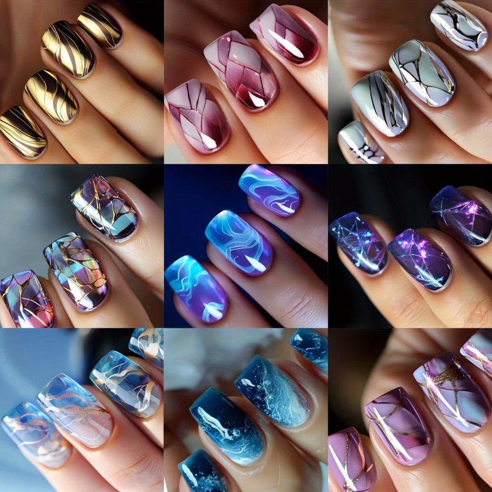Press On Nails 215-Piece Short Square Nine-Pack Marble Brown Line Gradient Glossy Set with Glue