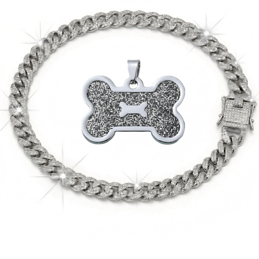 Pet ID Tag & Cuban Link Collar Set – 2pcs Engravable Bone-Shaped Tag with Rhinestone Collar for Dogs & Cats S to 4XL