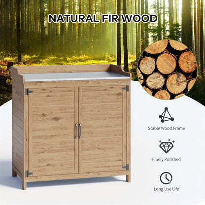 Wood Garden Potting Cabinet with Galvanized Metal Worktop, Double Doors and Removable Interior Shelf