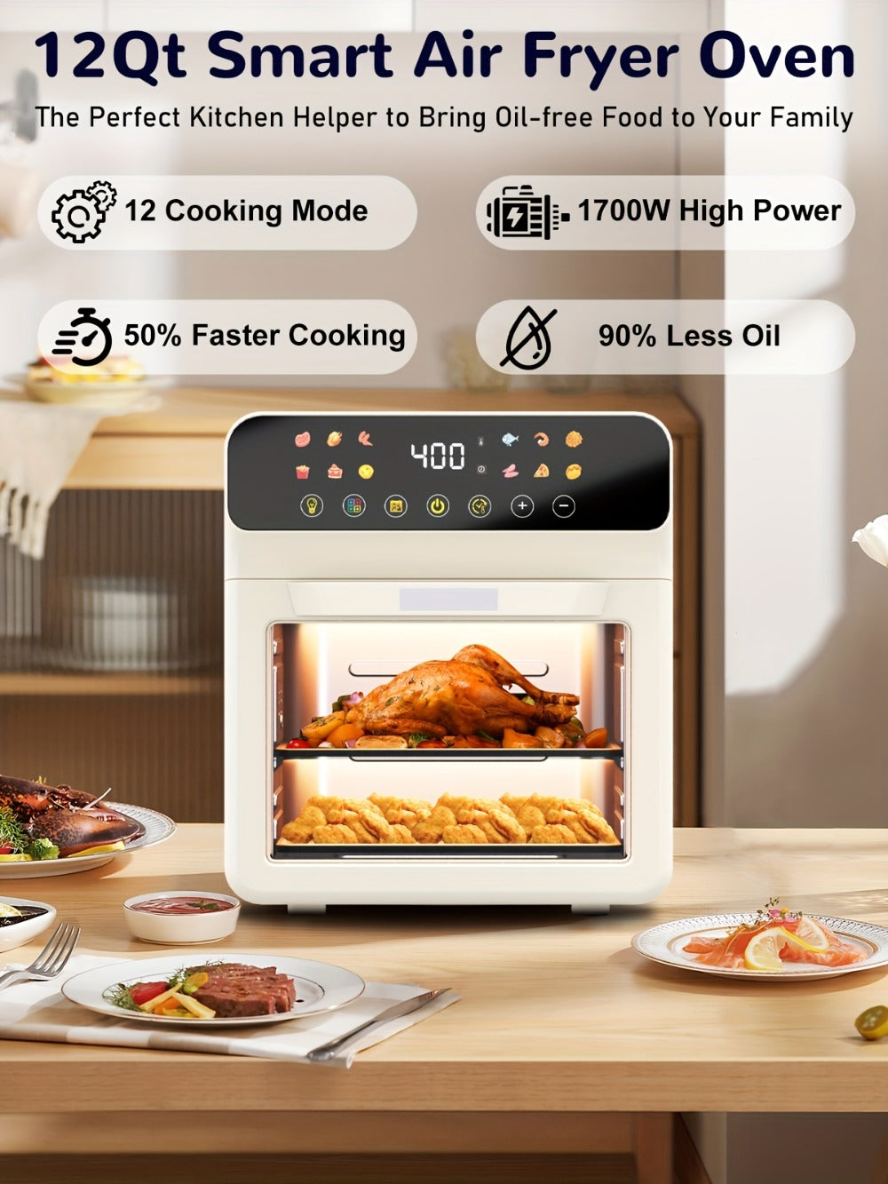 12-Quart Countertop Air Fryer Oven with Viewing Window, Interior Light and White or Black Finish