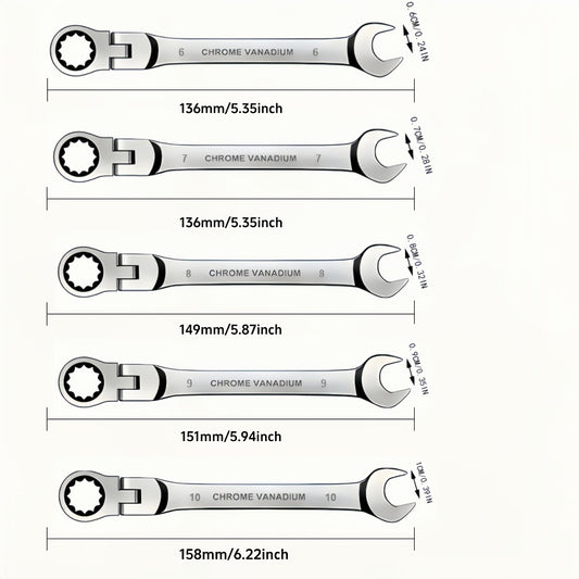 CR-V Flex Head Ratchet Wrench Set 5-Piece – 2-in-1 Reversible Open End & Hex Socket Dual-Purpose Kit | Automotive Engine Bay, Plumbing, DIY Workshop & Confined Space Repair