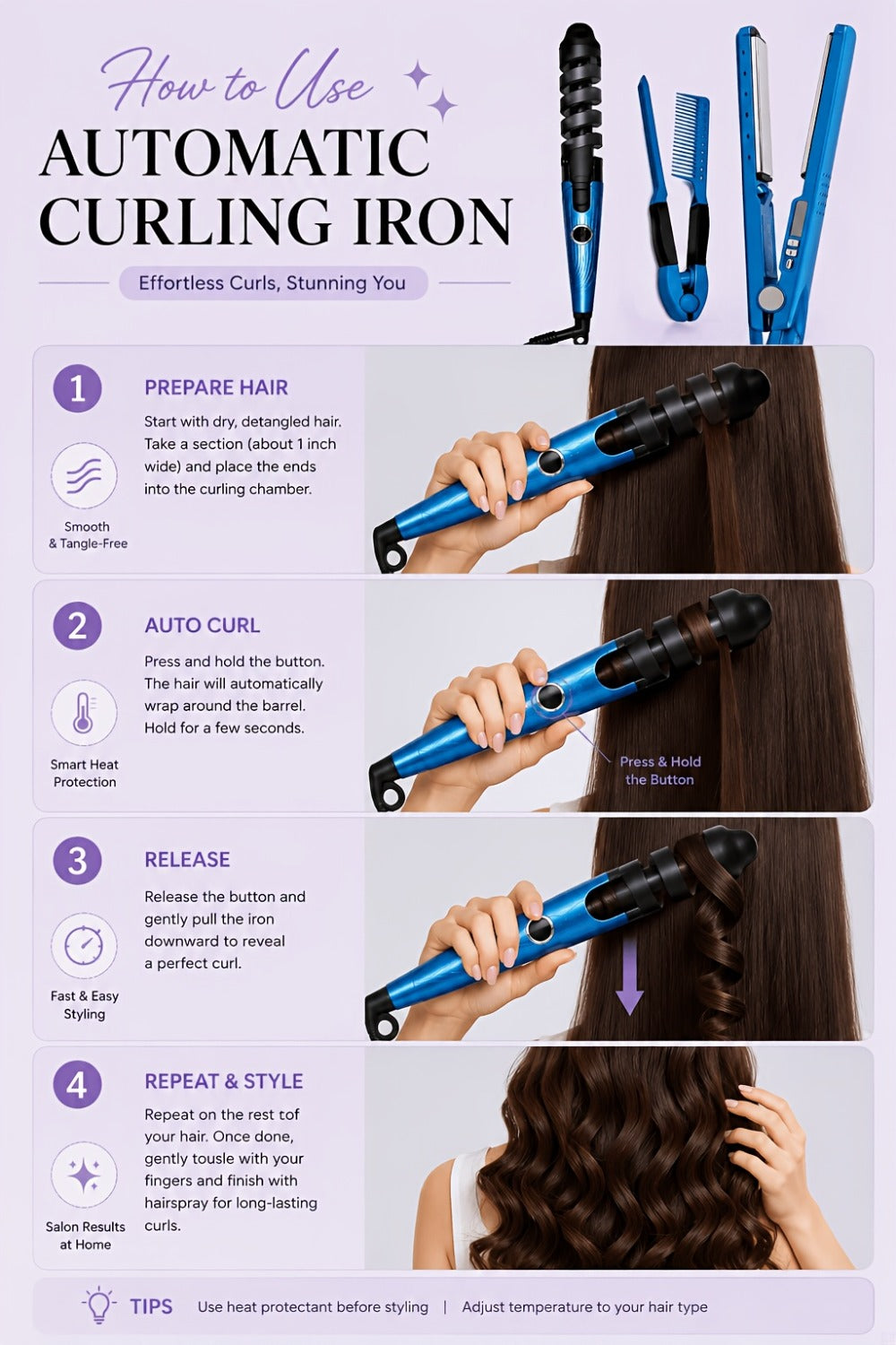 Flat Iron, Curling Iron and Comb Hair Styling Tool Set with Three Pieces in Blue for Home Styling