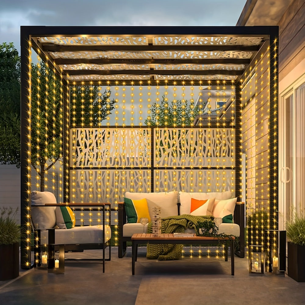 Solar Curtain String Lights, 3 x 3 Meters with 300 LEDs, Remote Control and One- or Two-Pack Options