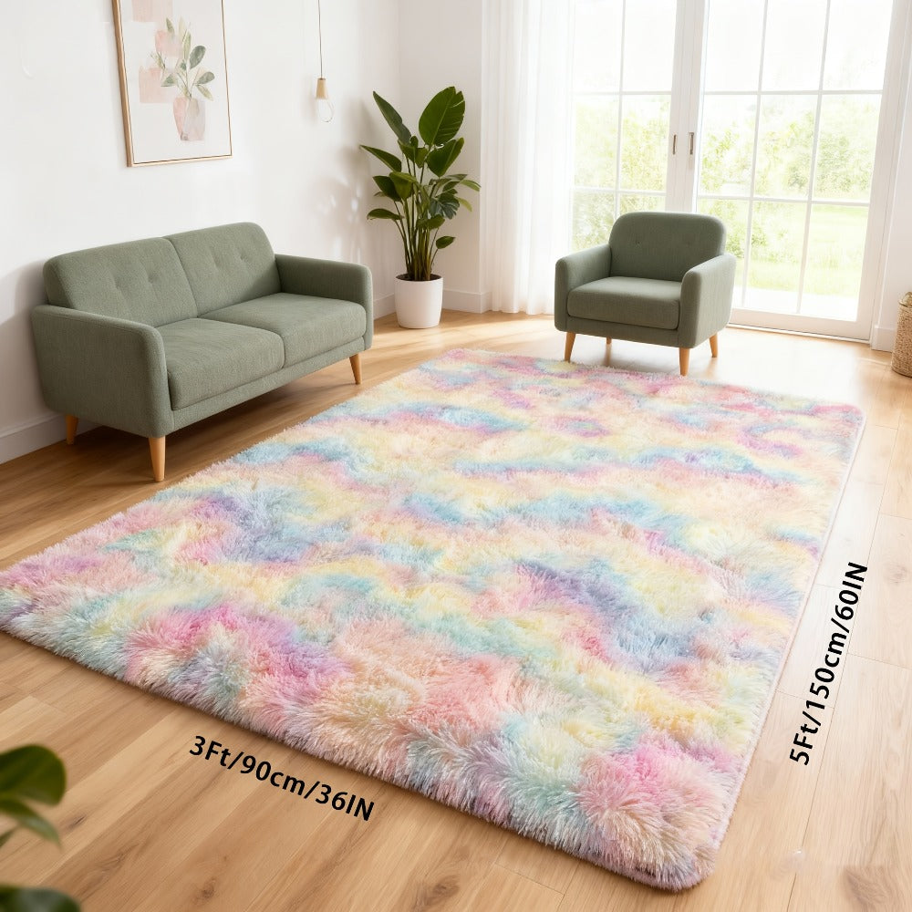 Area Rug Rainbow Tie-Dye Shag with Four Machine-Washable Sizes for Bedroom, Living Room or Office