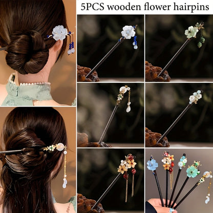 Hair Accessories Five-Piece Wooden Flower Hairpin Set in Mixed Finishes for Buns and Updos