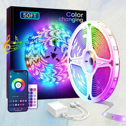 RGB LED Light Strip 50ft 100ft 130ft 16 Million Colors Music Sync – App & 24-Key Remote Control, Color Changing LED Strips for Bedroom, Game Room, Dorm & Party Decoration