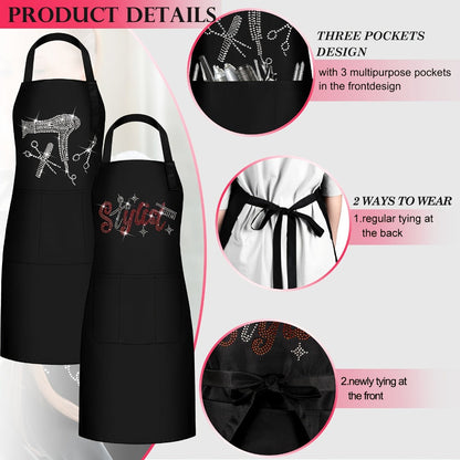 Two-Piece Rhinestone Barber Apron Set with Three Pockets for Hair Stylists, Barbers and Salon Work