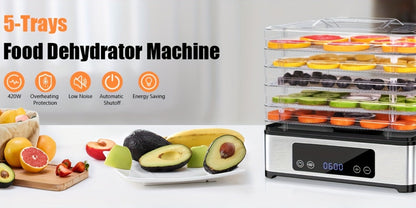 Five-Tray Digital Food Dehydrator with 420W Heating, 48-Hour Timer and 95–160°F Temperature Range