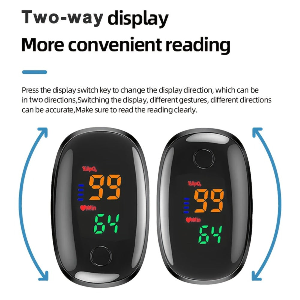 Black Fingertip Pulse Oximeter with Two-Way Color Display and Single-Piece Checkout Option