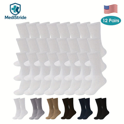 12-Pair Crew-Length Diabetic Sock Set in Six Colors with 9-11, 10-13 and 13-15 Size Options